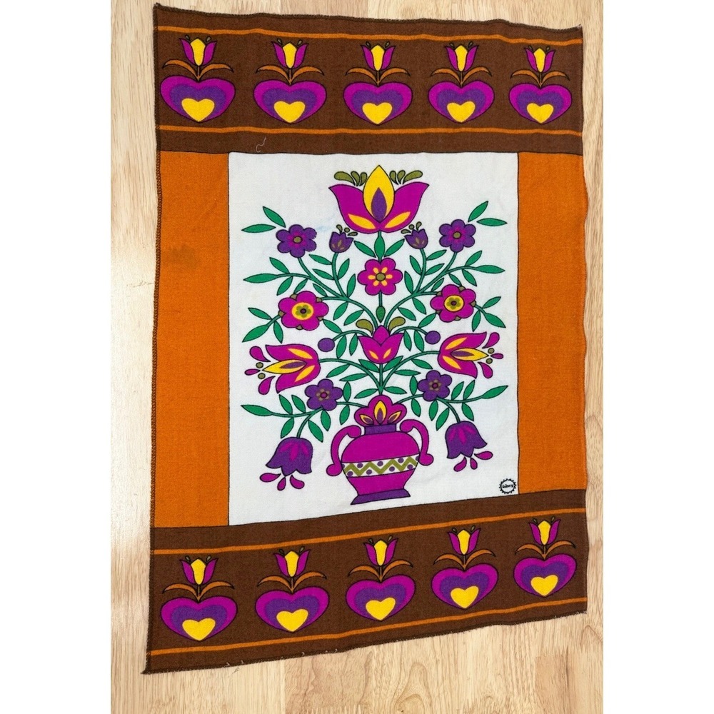 Vintage Gunes Turkish Folk Art Tea Towel Floral Linen Wall Hanging 70s #67